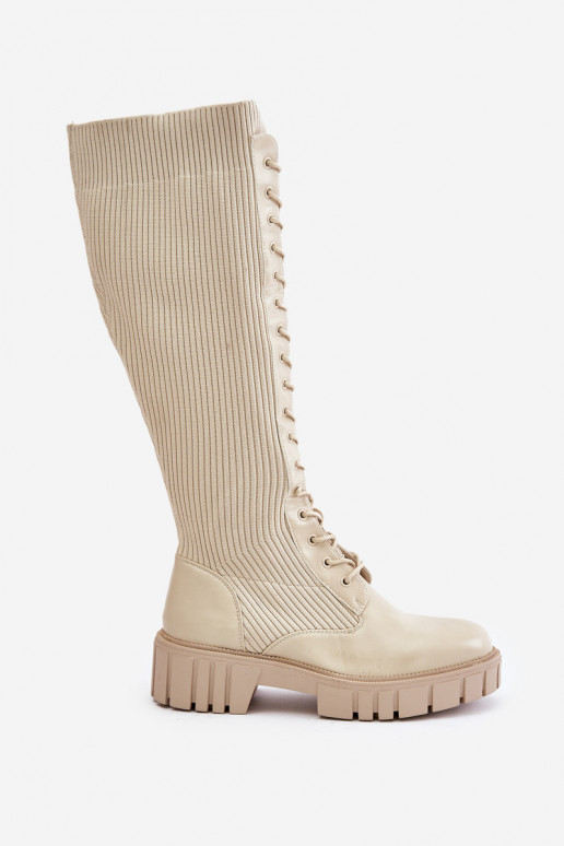 botas de mujer con plantilla tipo calcetín con cordones con tacones anchos beige Vamisha