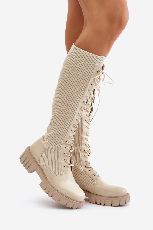 botas de mujer con plantilla tipo calcetín con cordones con tacones anchos beige Vamisha