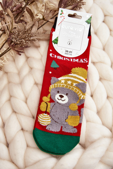 Calcetines navideños para mujer con osito color rojo