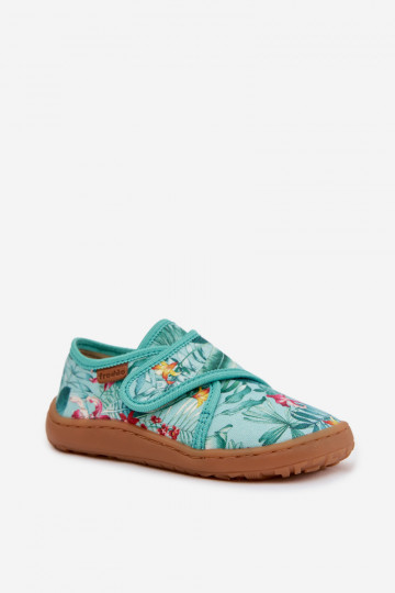 Zapatillas infantiles con cierres adhesivos Barefoot con motivos florales y hojas Froddo G1700438-14 color menta