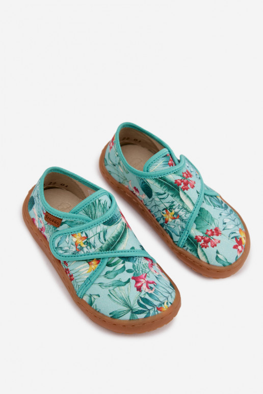 Zapatillas Infantil con sujetadores adhesivos Barefoot con motivos florales Liście Froddo G1700438-14 color menta