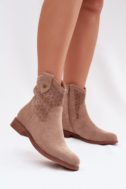 Botas de mujer con tacones anchos con elementos calados S.Barski HY61-8025 beige