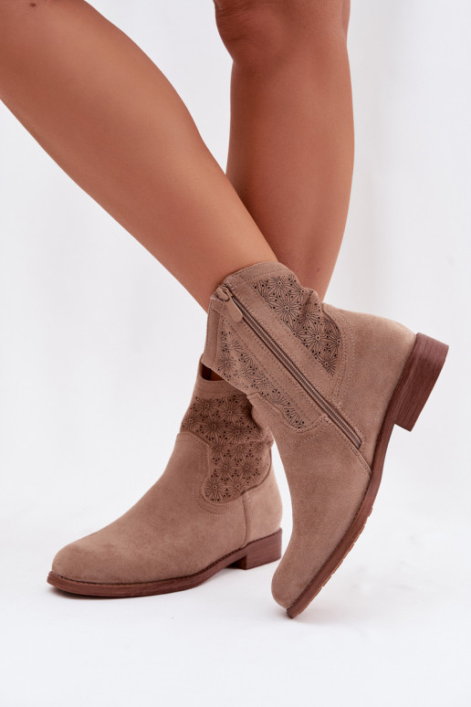 Botas de mujer con tacones anchos con elementos calados S.Barski HY61-8025 beige