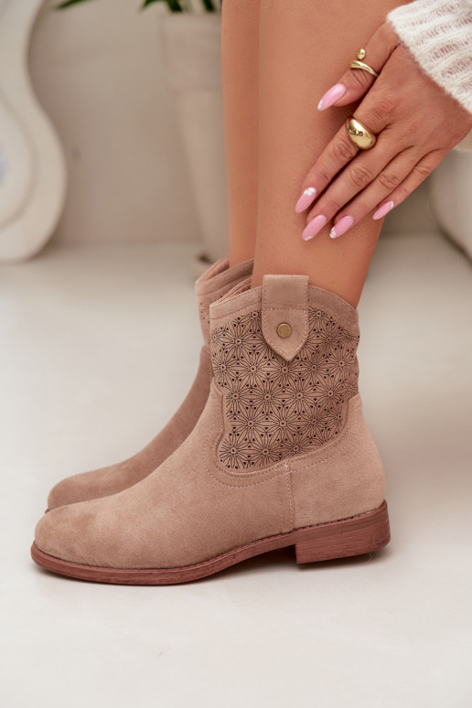 Botas de mujer con tacones anchos con elementos calados S.Barski HY61-8025 beige