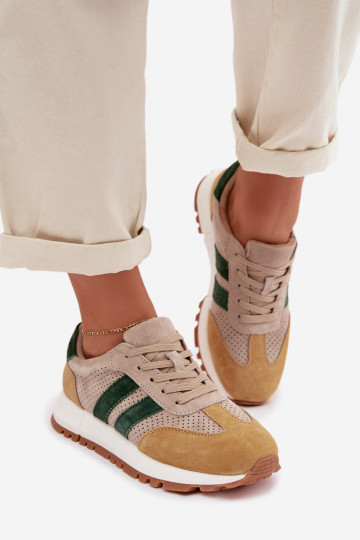 Zapatos de mujer modelo Sneakers de ante color arena-amarillo