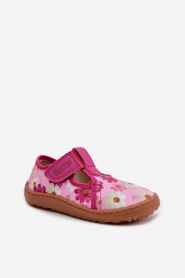 Zapatillas infantiles con cierres adhesivos y florecitas Barefoot Frod