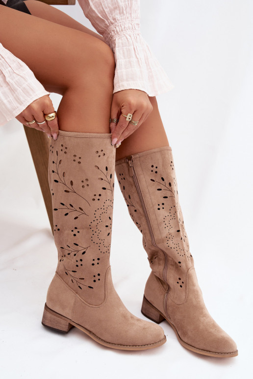 Botas largas de mujer color caqui con elementos calados Helinna