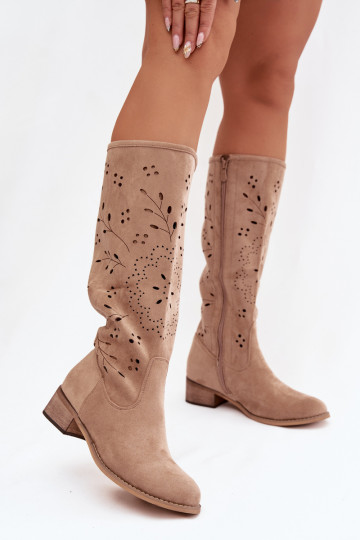 Botas largas de mujer color caqui con elementos calados Helinna 2