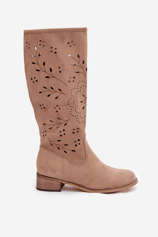 Botas largas de mujer color caqui con elementos calados Helinna