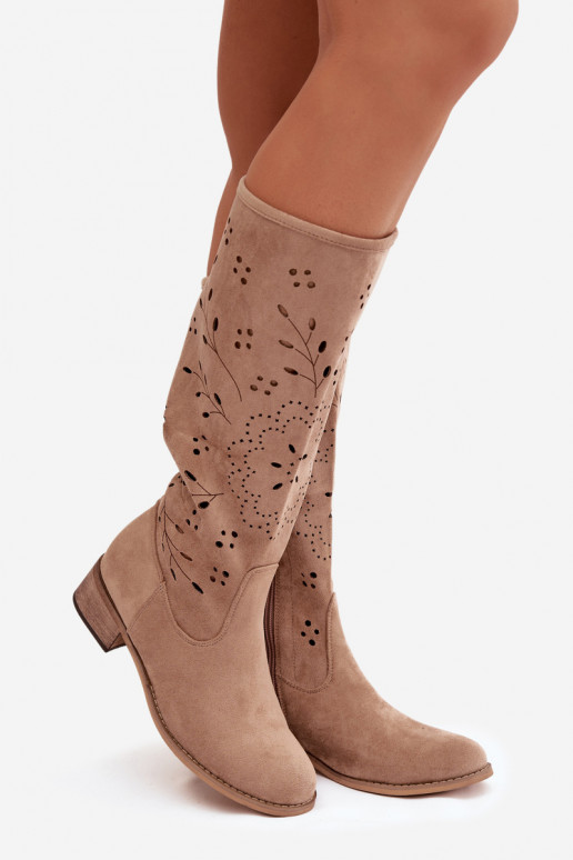 Botas largas de mujer color caqui con elementos calados Helinna