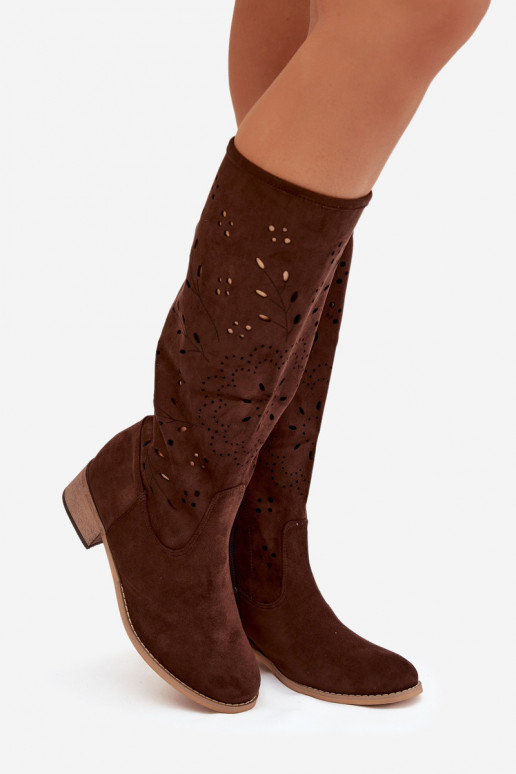 Botas de caña alta de color chocolate para mujer con elementos de encaje Helinna