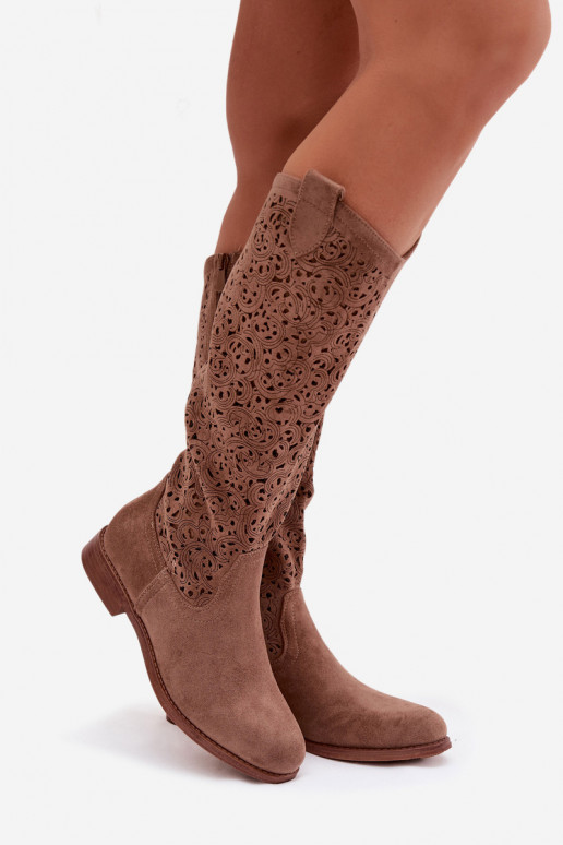 con elementos calados botas de mujer con tacones anchos S.Barski HY61-8023 color marrón