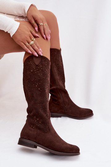 Botas altas de mujer con elementos de calados y tacones anchos S.Barski HY61-8023, color chocolate