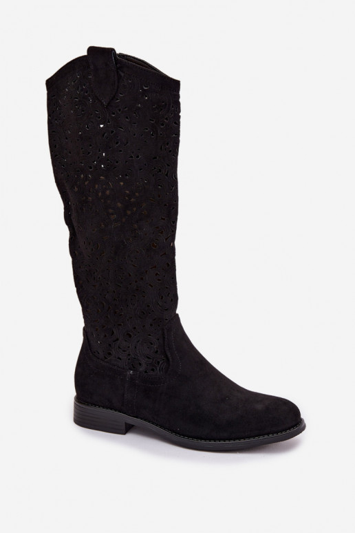 con elementos calados botas de mujer con tacones anchos S.Barski HY61-8023 de color negro