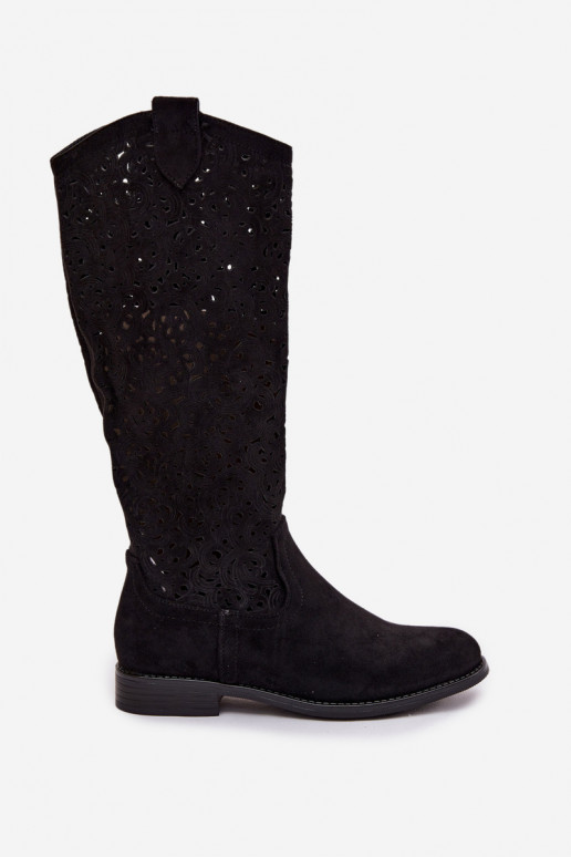 con elementos calados botas de mujer con tacones anchos S.Barski HY61-8023 de color negro