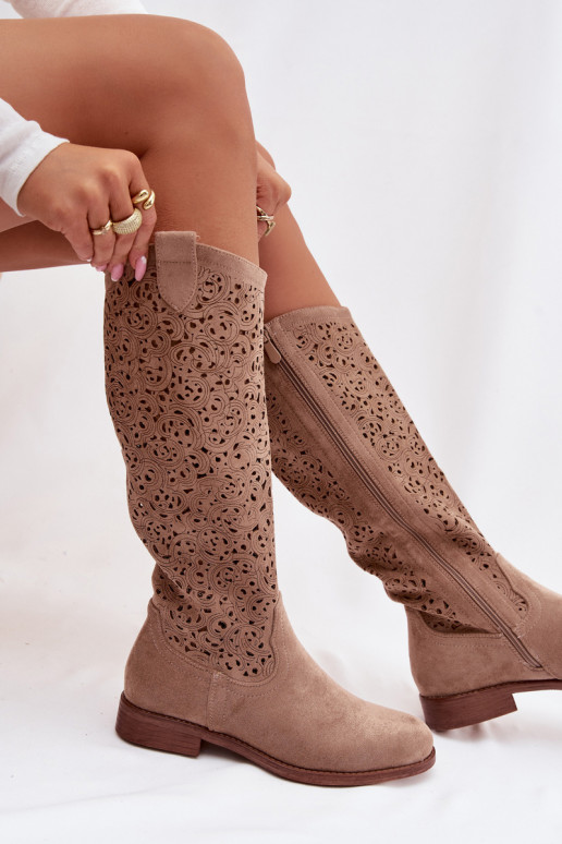 con elementos calados botas de mujer con tacones anchos S.Barski HY61-8023 beige