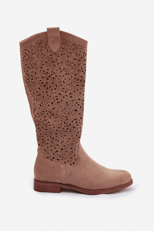 con elementos calados botas de mujer con tacones anchos S.Barski HY61-8023 beige