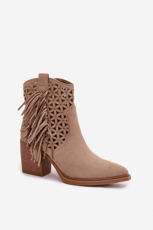 Botas caladas estilo vaquero Femenino con tacones con flecos beige Calissey