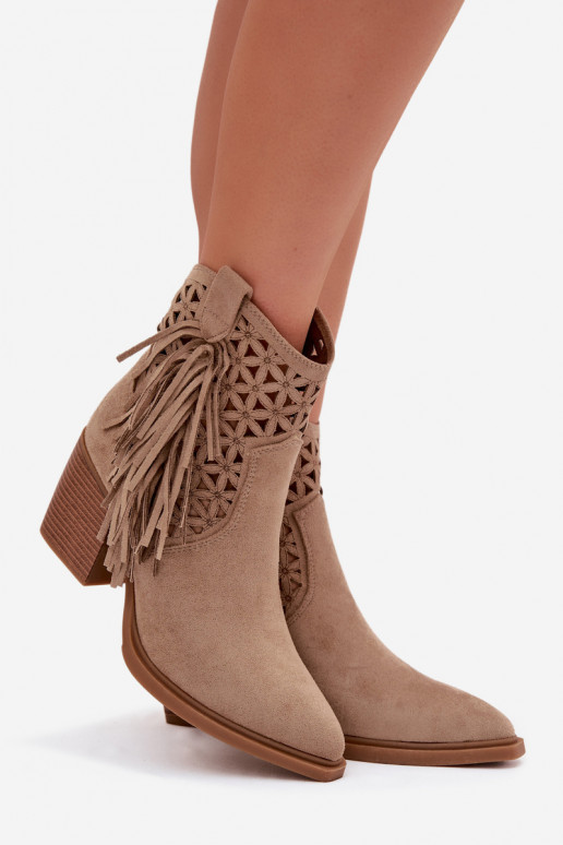 Botas caladas estilo vaquero Femenino con tacones con flecos beige Calissey