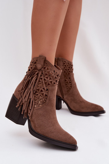Botines de estilo cowboy para mujeres con tacones y flecos color marrón Calissey