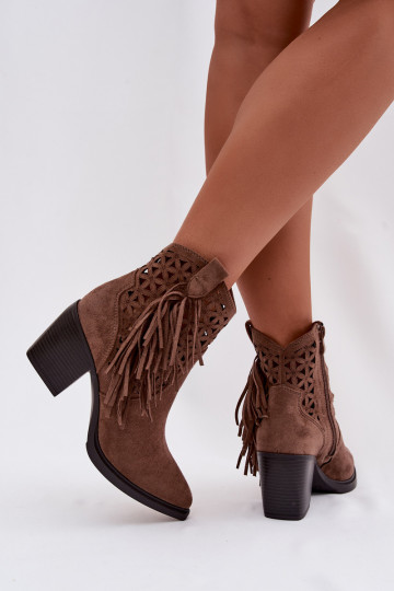 Botas caladas estilo vaquero Femenino con tacones con flecos color marrón Calissey 2