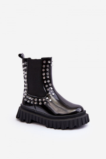 Botines elegantes para niños con efecto charol decorados con cristales color negro Adelie