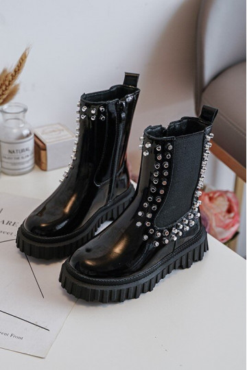 Botines elegantes para niños con efecto charol decorados con cristales color negro Adelie 2