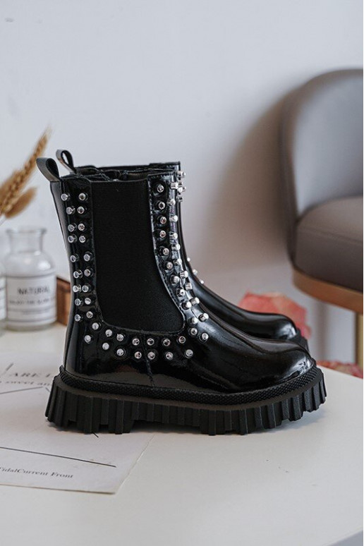 con efecto barniz botas con estilo Infantil Decorado Con pedrería de color negro Adelie