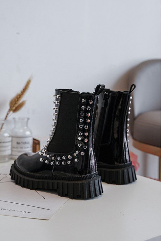 con efecto barniz botas con estilo Infantil Decorado Con pedrería de color negro Adelie