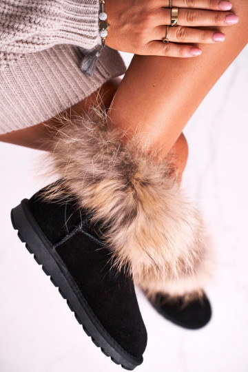 Botas de nieve de cuero para mujer con pelaje color negro Alexa
