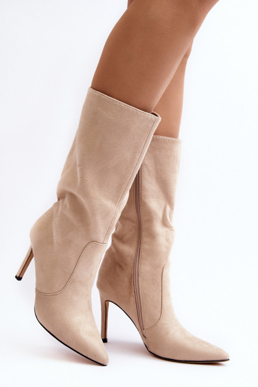 Femenino botas Mitad de la pantorrilla con tacones finos beige Odetteia