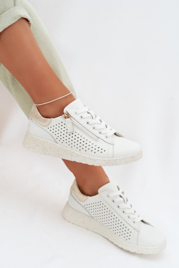 Piel zapatos Zapatillas modelo zapatos. Femenino con cremalleras Blanco-color dorado Kalorinne