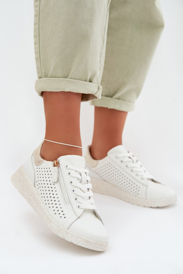 Piel zapatos Zapatillas modelo zapatos. Femenino con cremalleras Blanco-color dorado Kalorinne 2