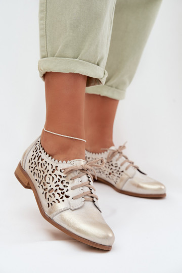 Zapatos de piel de mujer con elementos calados Zazoo 3195 color dorado 2