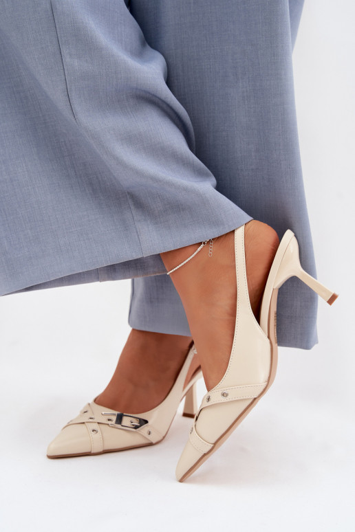 Sandalias de mujer con tacones finos con rayas I con hebillas beige Parina