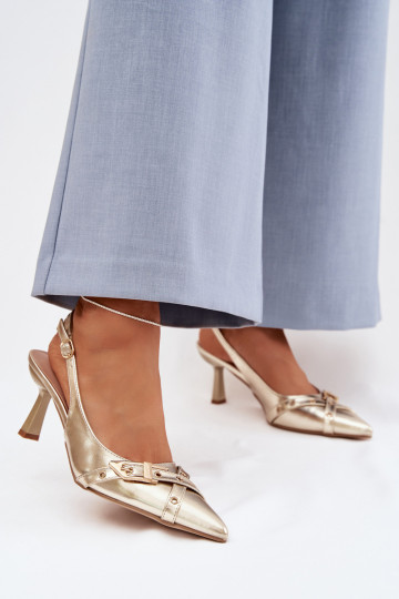 Sandalias de mujer con tacones finos con rayas I con hebillas color dorado Parina 2