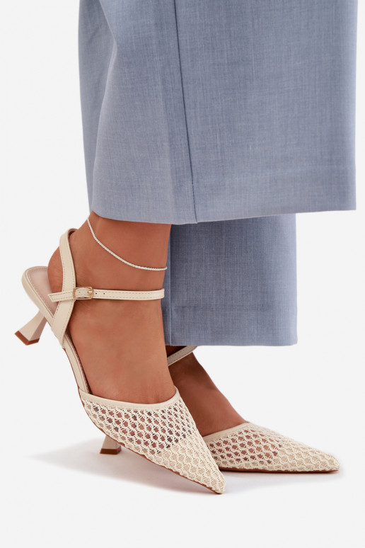 Sandalias de mujer con tacones con malla color marfil Brilora