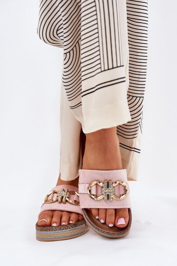 Chanclas de mujer con plataforma y brillo con detalles dorados color rosa Rilirea