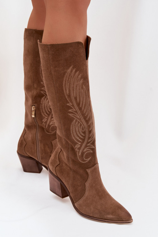 de gamuza Piel botas estilo vaquero con tacones Zazoo 3152 beige