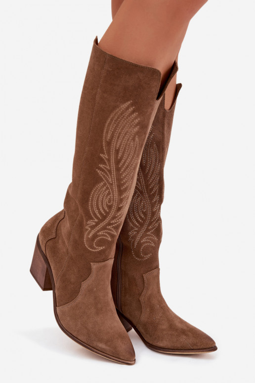 de gamuza Piel botas estilo vaquero con tacones Zazoo 3152 beige