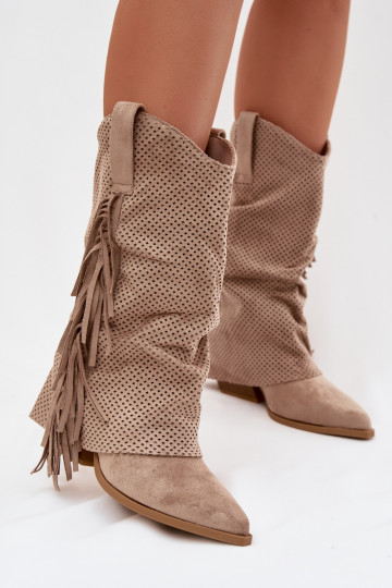 botas estilo vaquero con flecos con tacones beige Pireya 2