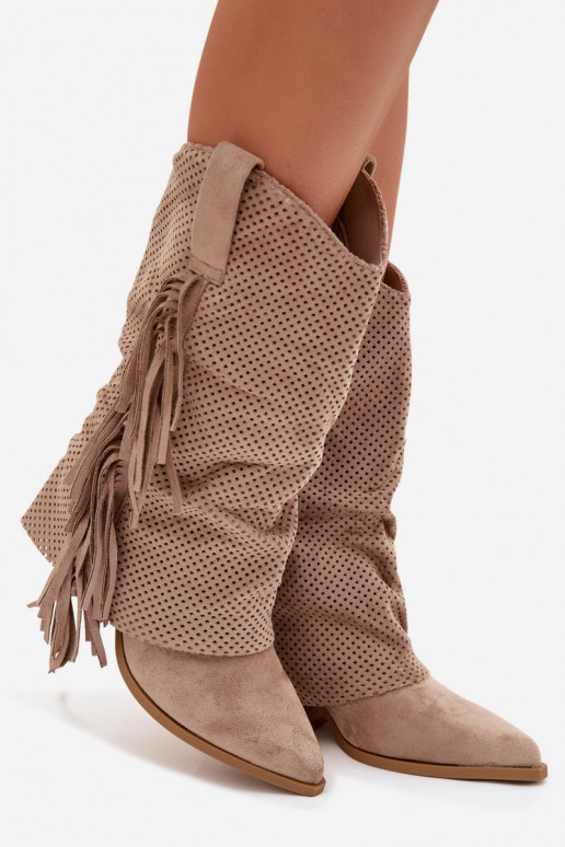 botas estilo vaquero con flecos con tacones beige Pireya
