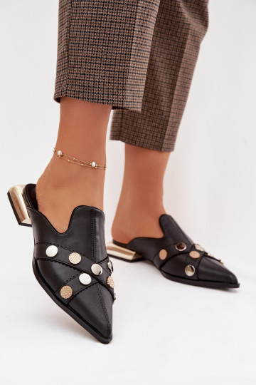 Zapatillas de cuero Mule con tiras D&A CR61-3058 color negro