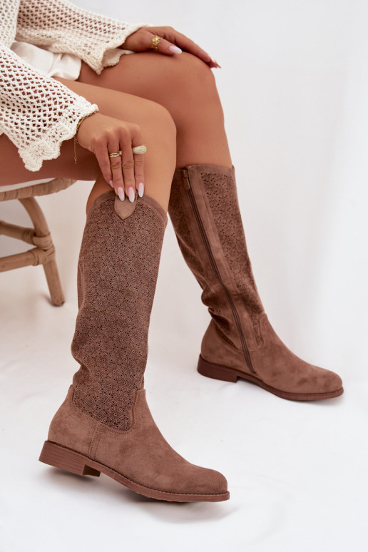 botas de mujer con elementos calados con tacones anchos S.Barski HY61-8022 color marrón