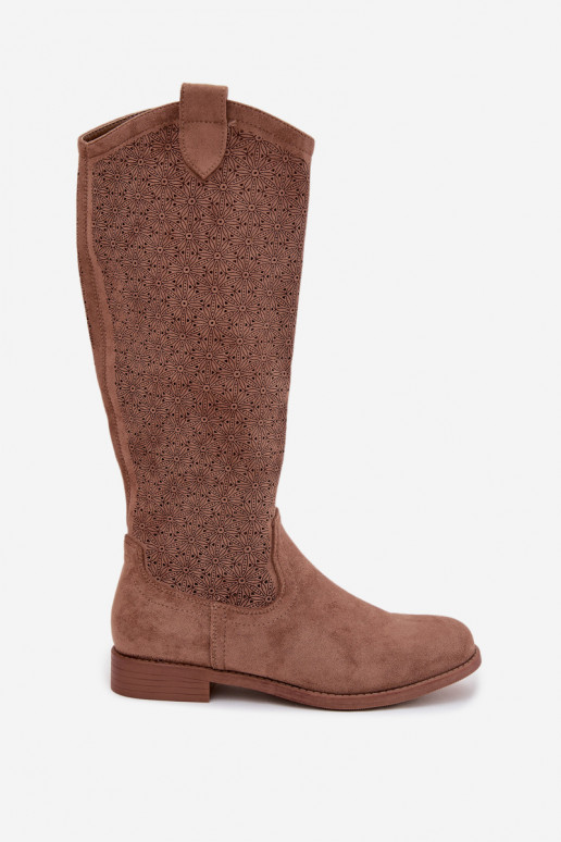 botas de mujer con elementos calados con tacones anchos S.Barski HY61-8022 color marrón