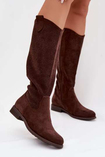 Botas largas para mujer con elementos de encaje y tacones anchos S.Barski HY61-8022 color chocolate