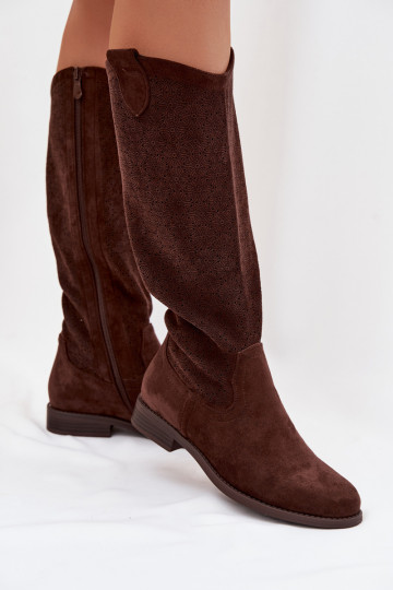 Botas largas para mujer con elementos de encaje y tacones anchos S.Barski HY61-8022 color chocolate 2