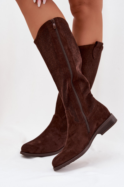 botas de mujer con elementos calados con tacones anchos S.Barski HY61-8022 CzekoladoAe