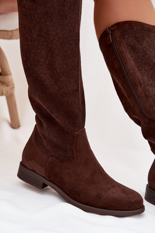 botas de mujer con elementos calados con tacones anchos S.Barski HY61-8022 CzekoladoAe