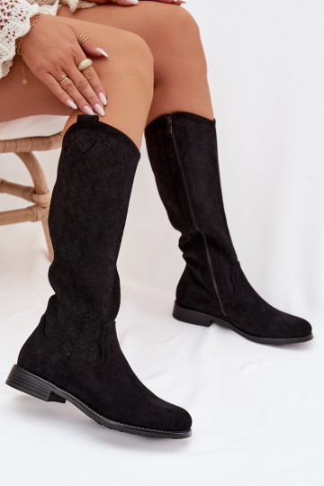 Botas largas para mujer con elementos de encaje y tacones anchos S.Barski HY61-8022 color negro